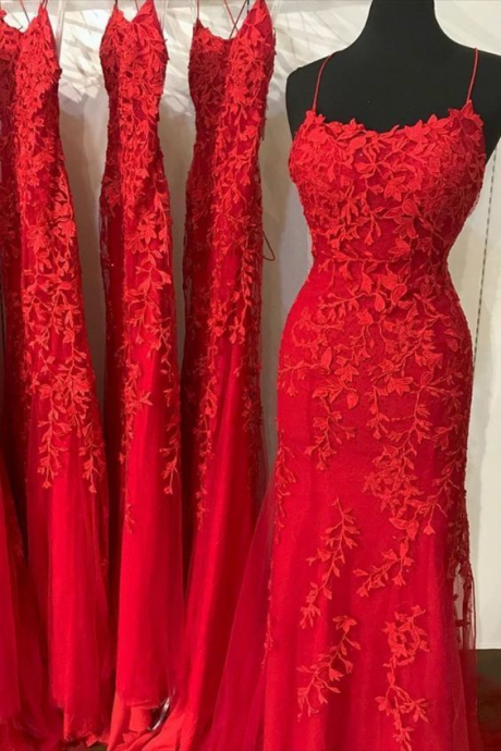 Stylish Dress Beautiful Spaghetti Straps Red Lace Gown With Strappy Lace Up Back