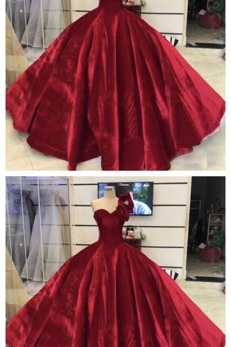 Charming One Shoulder Red Formal Ball Gown Prom Dress, Evening Dress