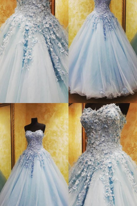 Charming Tulle Appliques Ball Gown Prom Dresses, Blue Quinceanera Dresses