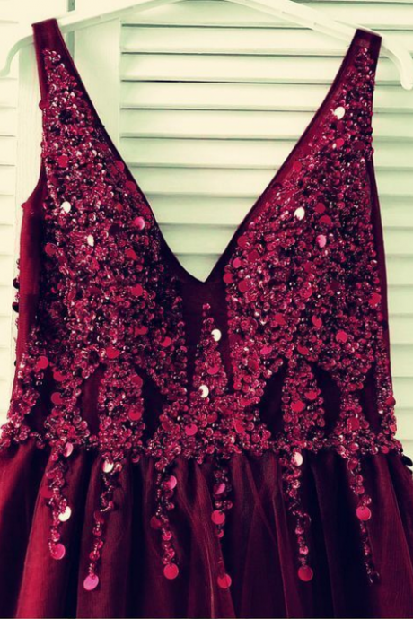 Sparkle Sequin Beaded Tulle Prom Dress Long Burgundy Evening Gown
