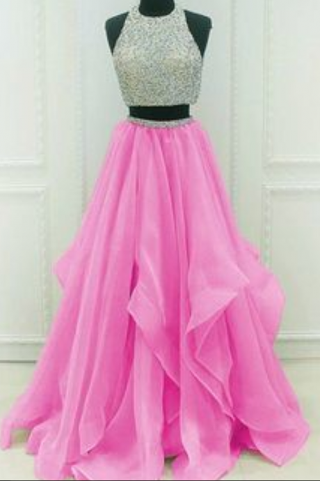 Sequins Beaded Organza Layered Two Piece Ballgowns Prom Dress