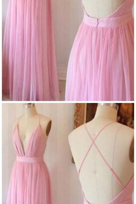 Pink Chiffon V-neck Cross Back Long Prom Dress Summer