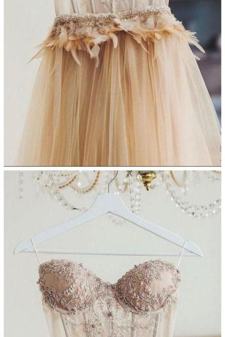Champagne Sweetheart Lace Tulle Long Prom Dress, Tulle Evening Dress