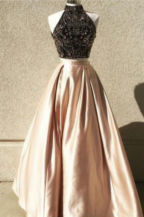 Two Piece Beaded Top High Neck Sleeveless Ball Gown Prom Dresses