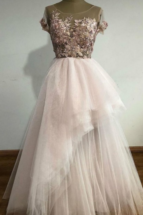 Stylish Scoop Pink Short Sleeves Prom Dress With Appliques