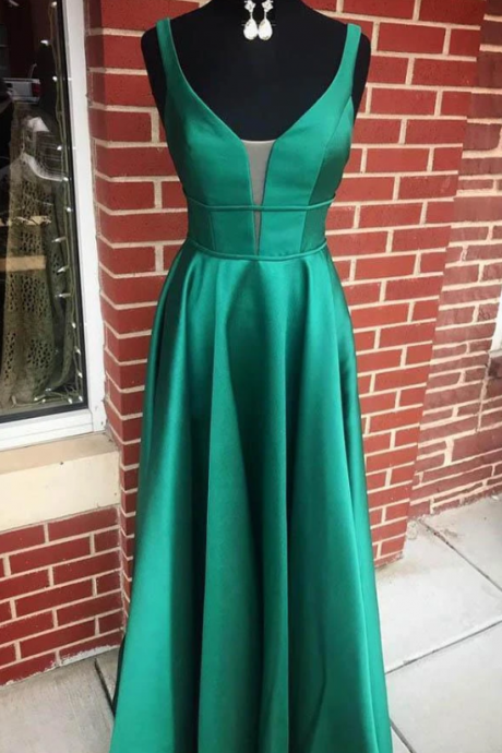 Satin A-line V Neck Long Prom Dresses, Party Dresses With Pockets