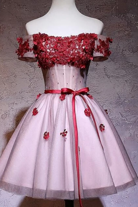 Off Shoulder Tulle Lace Applique Homecoming Dress, Short Prom Dress