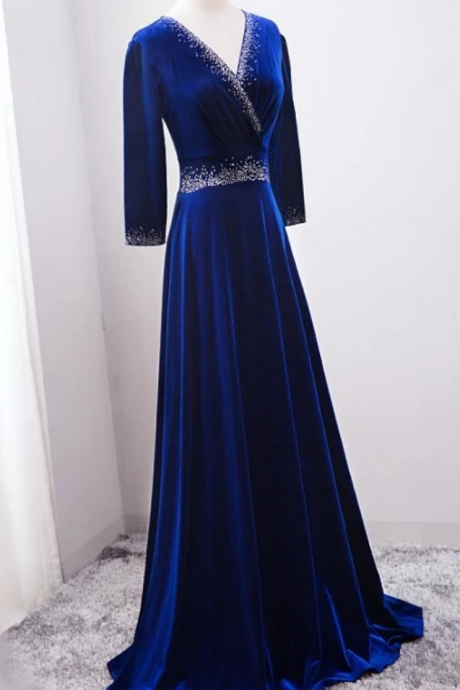Beautiful Royal Blue Beaded Long Sleeves Wedding Party Dress, Prom Dress