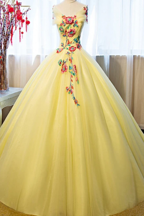  Yellow Tulle Ball Gown Sweet 16 Dress, Yellow Quinceanera Dress