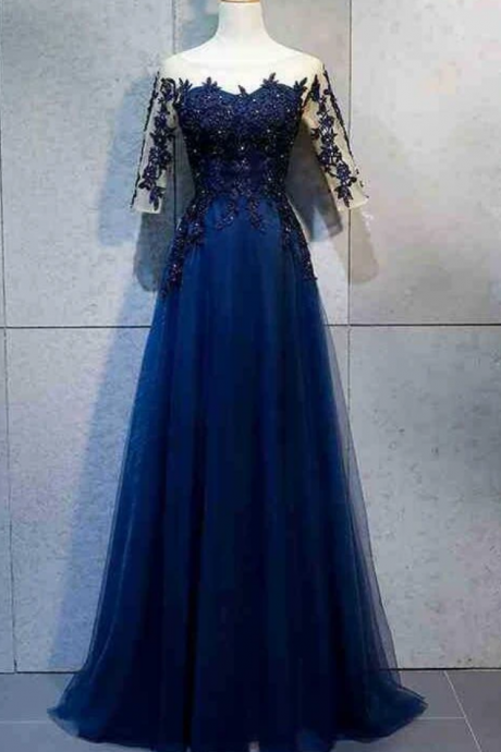 High Quality Navy Blue 1/2 Sleeves Tulle Party Dress, Prom Dress