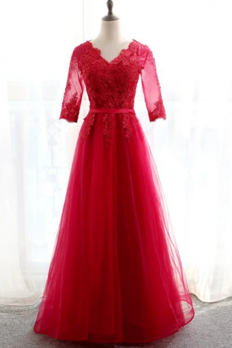 Charming Red Lace 1/2 Sleeves Long Bridesmaid Dress, A-line Tulle Prom Dress