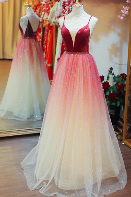 Beautiful Tulle Long Party Gown, Straps Gradient Prom Dress