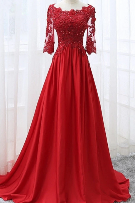 Beautiful Red Satin Short Sleeves Long Party Dress, Red Prom Dress
