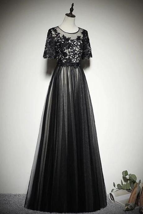 Black Tulle Long Prom Dress 2020, Black Party Dress With Lace Applique
