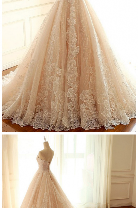 Light Champagne Lace Sweetheart Neck Long Strapless Evening Dress, Formal Prom Dress
