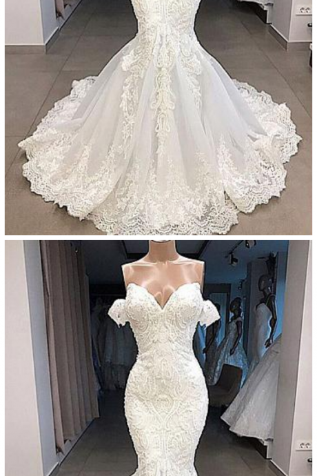 Gorgeous Tulle Off-the-shoulder Neckline Mermaid Wedding Dresses With Beaded Lace Appliques