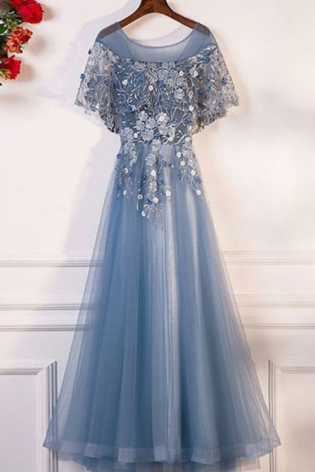 A-Line ,Crew Floor-Length, ,Sleeveless, Tulle ,flowered,2018 Prom Dress with Appliques