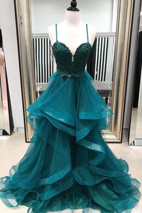 A-Line Spaghetti Straps, Tiered Long Prom Dress With Appliques,Sexy Formal Evening Dress