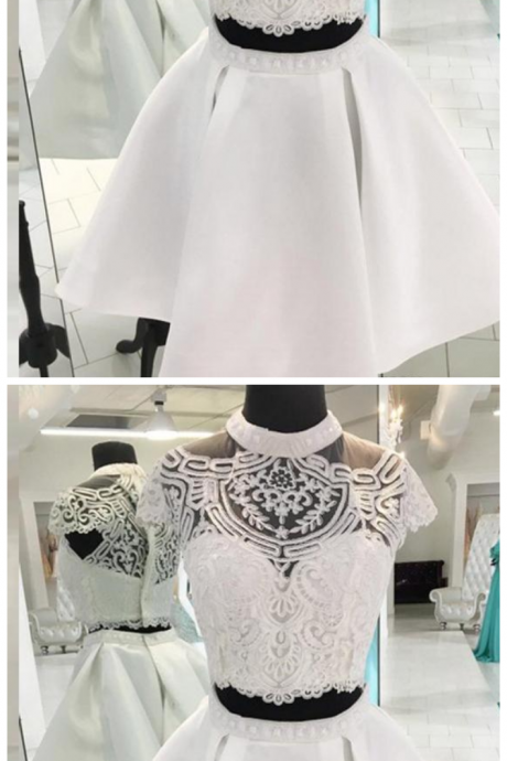 Stunning Two Pieces Homecoming Dresses ,sheer High Neck Capped Short Sleeves, Embroidery Lace
