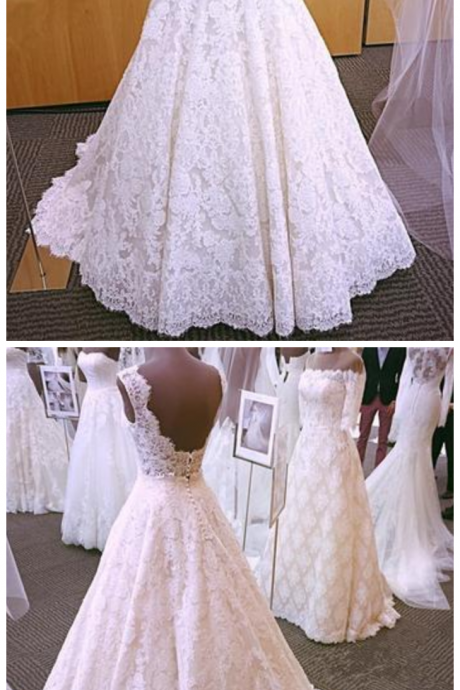 Elegant A Line Lace Wedding Dress, Sleeveless Open Back Wedding Dresses, Bridal Dresses