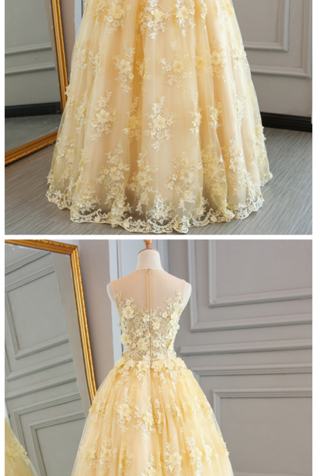 Prom Dresses,new fashion Prom Dresses,Spring yellow lace customize long A-line senior prom dress, long lace halter evening dress