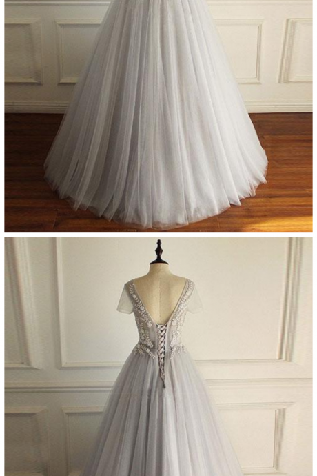 Neck Tulle Lace Long Prom Dress, Evening Dress