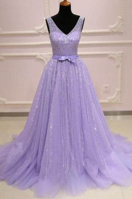 tulle V neck long customize A-line sequins senior prom dress with bowknot