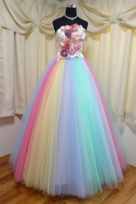 Floor Length Strapless Ball Gown Party Dress, Unique Prom Dress With Flowers