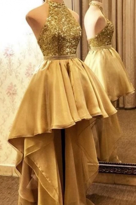 High-low Halter Prom Dresses Gold Backless Evening Party Gowns
