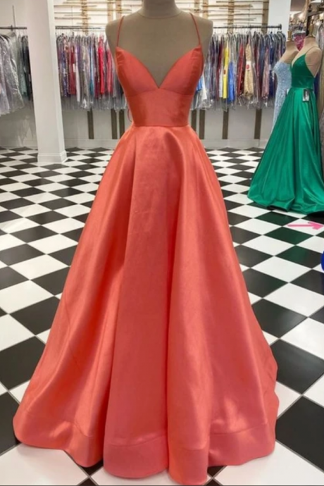 Simple A-line Coral Satin Long Prom Dress