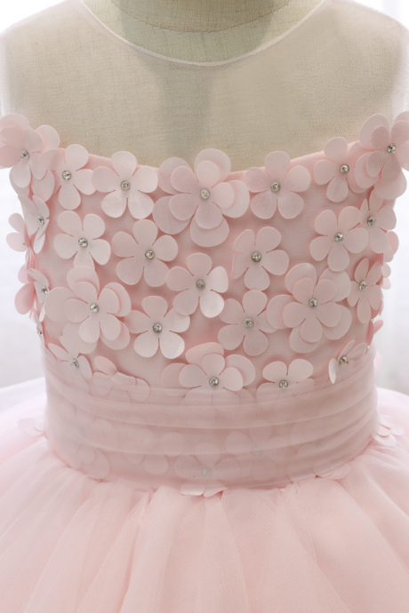 Flower girl dresses, Puffy Yarn Princess Dress Wedding Flower Girl Birthday Pink Cake Dress Children Appliqued Sleeveless Dress Elegant Girl Clothes