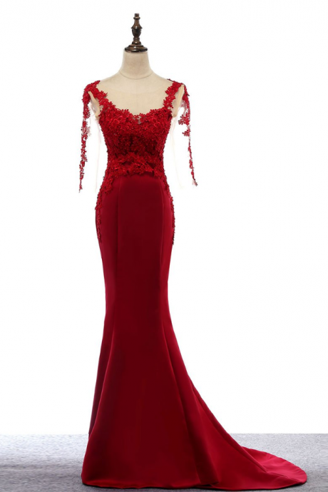 Burgundy Round Neck Lace Satin Mermaid Long Prom Dress Lace Formal Dress