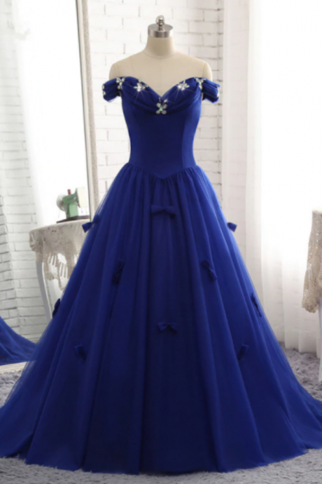 Royal Blue Prom Dress Luxury Tulle Beaded Bow Gown