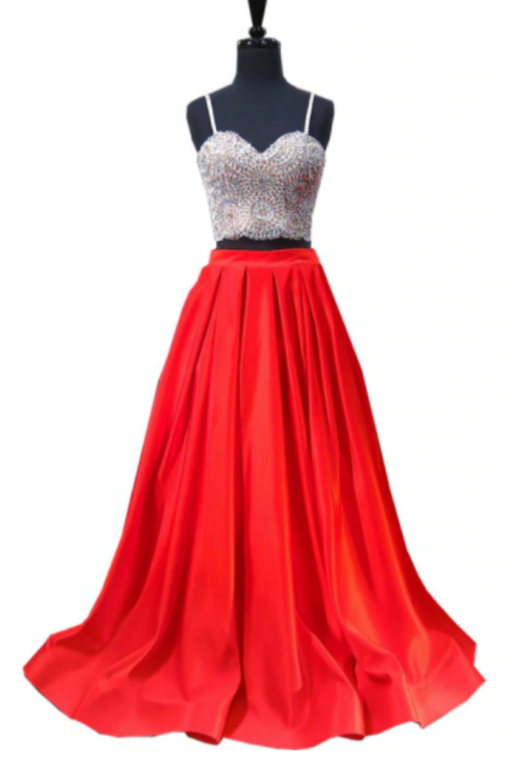 A-line Sweetheart Spaghetti Strap Satin Red Two Piece Prom Dress
