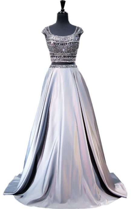 A-line Cap Sleeve Beaded Crystals Backless Two Piece Prom Dresses