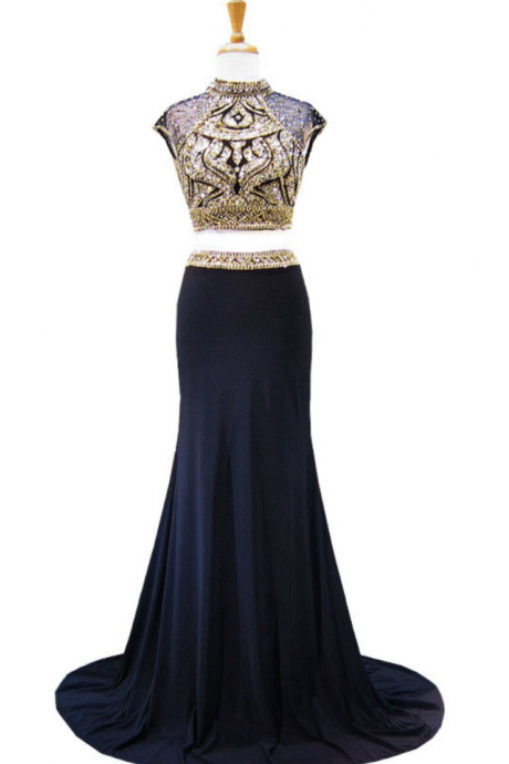 High Neck Cap Sleeve Beaded Crystals Backless Navy Blue Two Piece