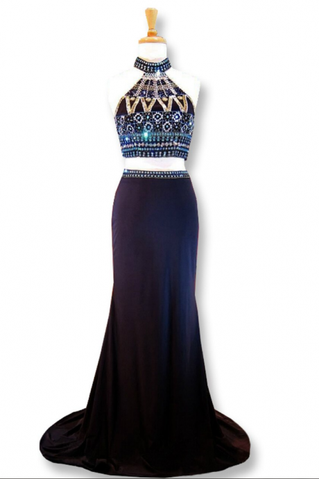 Mermaid High Neck Beaded Crystals Two Piece Prom Dress
