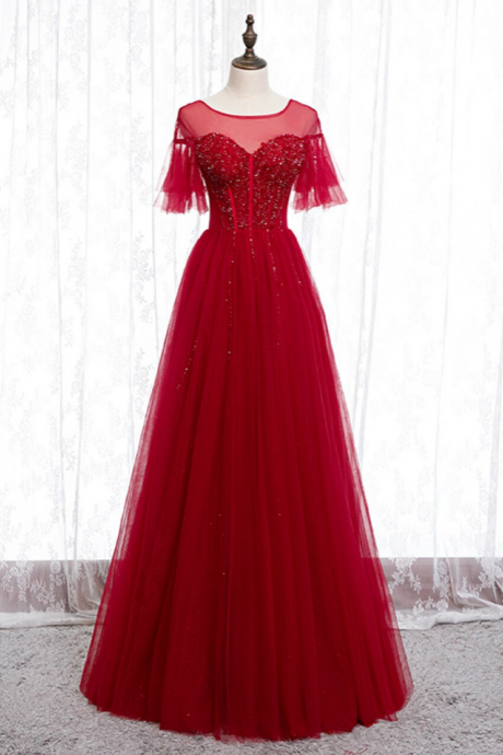 A-line Burgundy Tulle Beading Sequins Long Prom Dress