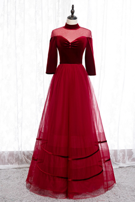 A-line Burgundy Tulle Velvet High Neck Long Sleeve Prom Dress