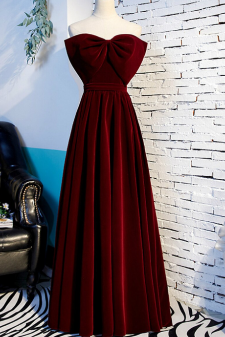 A-line Burgundy Velvet Strapless Long Prom Dress With Bow