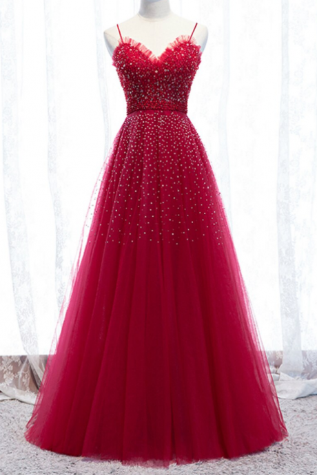Tulle Spagehtti Straps Beading Long Prom Dress,