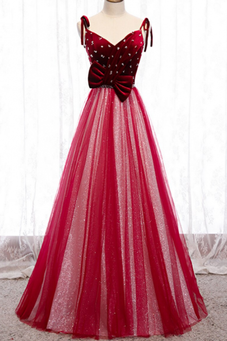 Tulle Sequins Velvet V-neck Beading Prom Dress