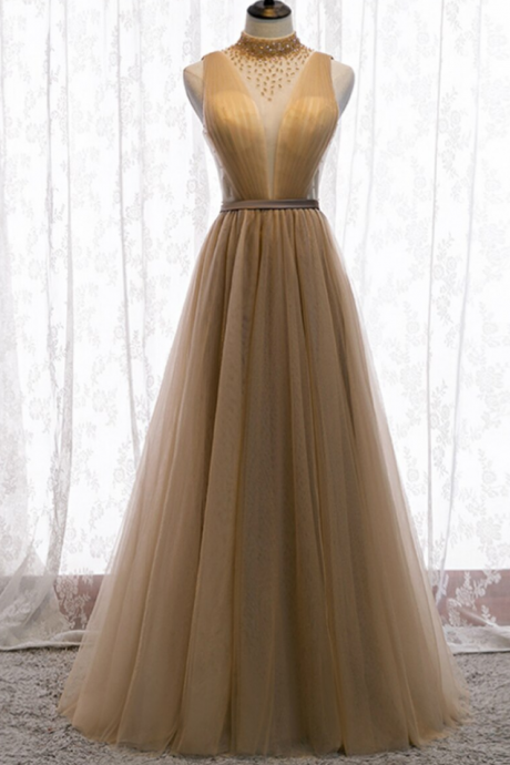 Tulle High Neck Pleats Beading Backless Long Prom Dress