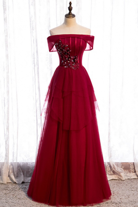 Stylish Burgundy Tulle Off The Shoulder Appliques Beading Prom Dress
