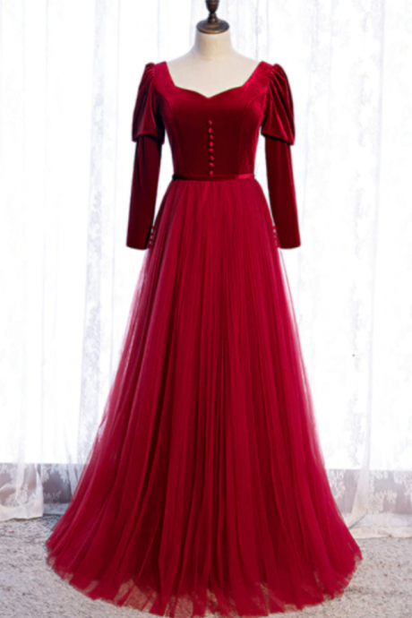 Burgundy Tulle Velvet Long Sleeve Square Long Prom Dress