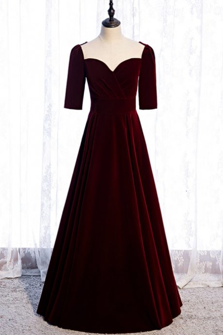 Burgundy Velvet Short Sleeve Scoop Prom Dress