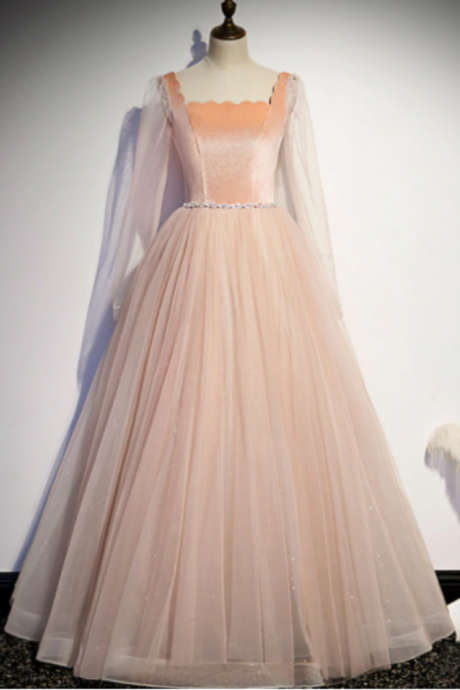 Tulle Square Long Sleeve Prom Dress,