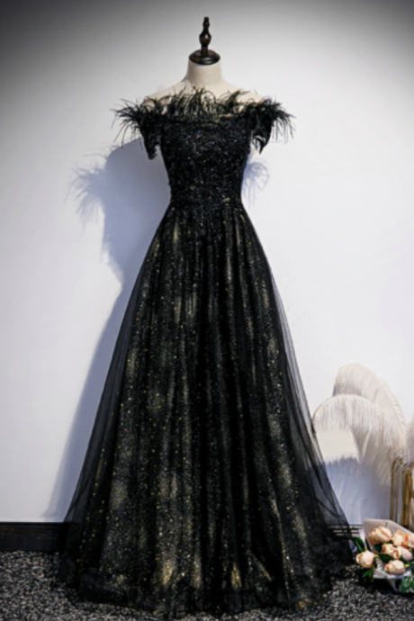 A-line Black Sequins Off The Shoulder Feather Prom Dress