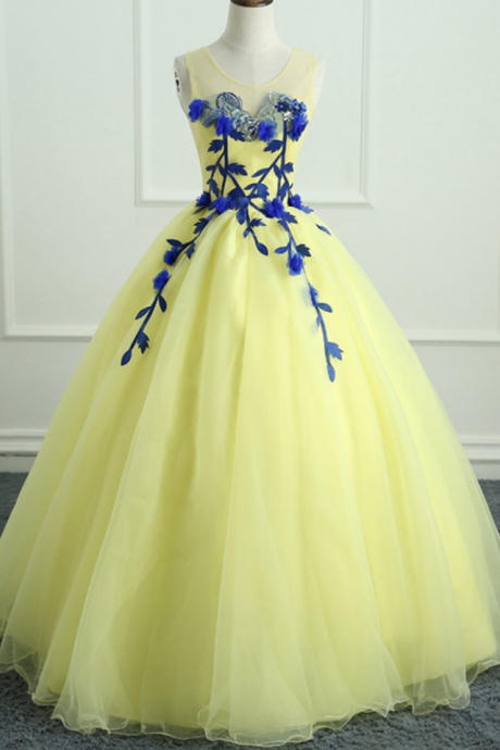 Yellow Tulle Scoop Neck Long Flower Applique Evening Dress, Sweet 16 Prom Dress