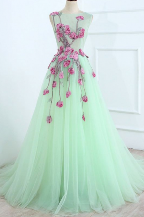 Tulle Long Embroidery Evening Dress, Open Back Prom Dress
